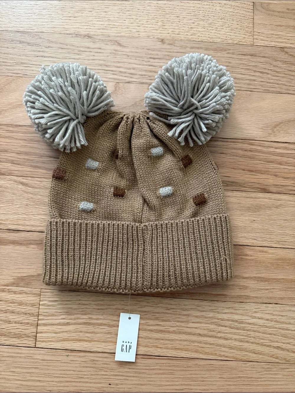 GAP Kids S/M Double Pom Beanie in Tan with Cream Poms